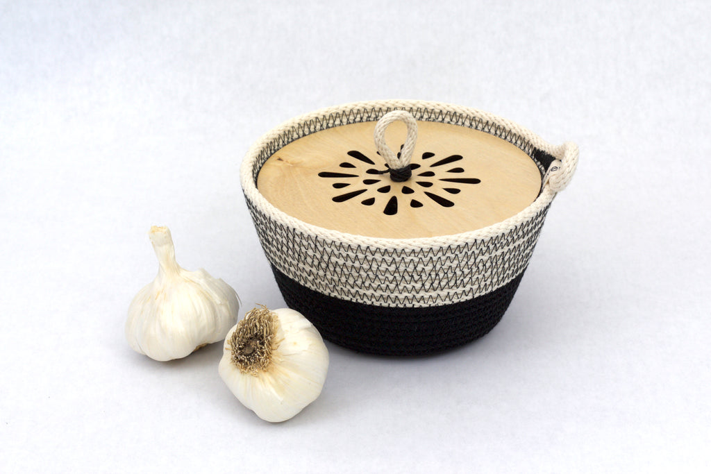 Woven Modern Kitchen Garlic Bowl / Tortilla Basket with Wooden Top - American made
