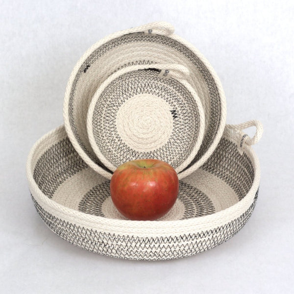 Striped Round Woven Organizing Baskets Handmade in America - 3 Stackable Sizes, from 5 inches to 10 inches
